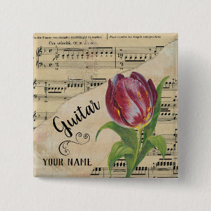 Guitar Tulip Vintage Sheet Music Customized 15 Cm Square Badge