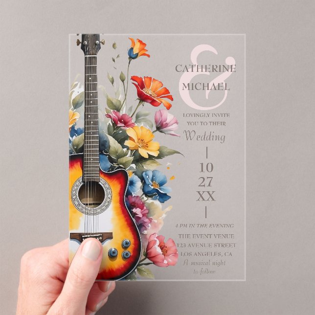 Guitar Wildflower Ampersand Musical Wedding  Acrylic Invitations (Insitu (Handheld))