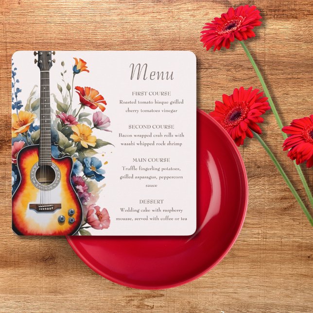 Guitar Wildflower Ampersand Musical Wedding  Menu (Flat lay music theme wedding guitar wildflower meadow modern elegant Menu)
