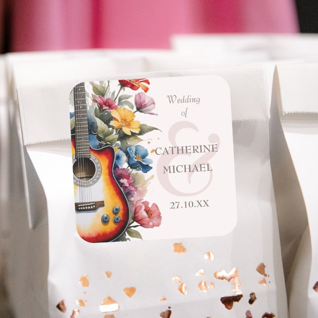 Guitar Wildflower Ampersand Musical Wedding  Square Sticker (Creator Uploaded)