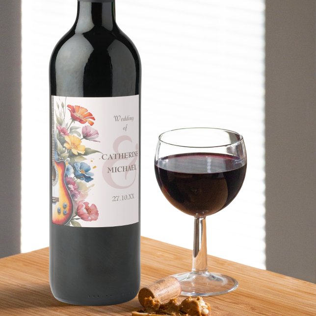 Guitar Wildflower Ampersand Musical Wedding  Wine Label (Creator Uploaded)