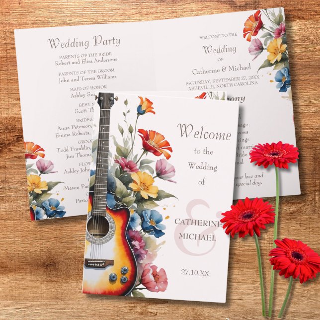Guitar Wildflower Musical Country Spring Wedding Program (Creator Uploaded)