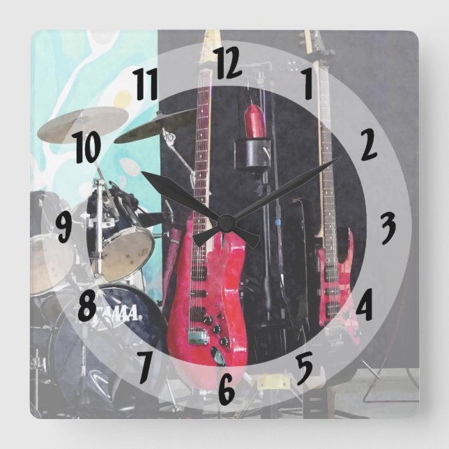 Guitars and Drums Square Wall Clock (Front)