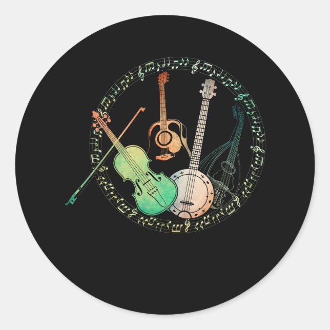 Guitars Banjos Fiddle Mandolin Colourful Node Musi Classic Round Sticker (Front)
