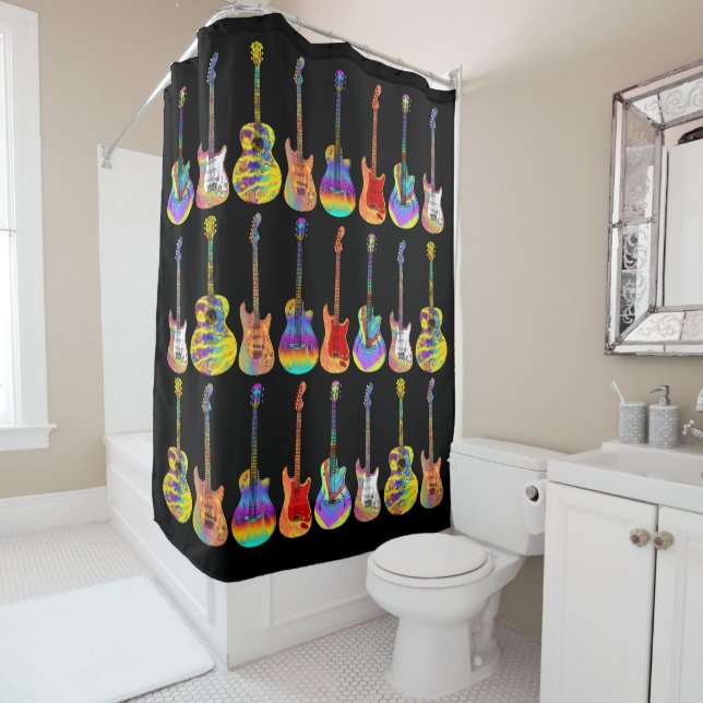 Guitars Colourful Pattern on Black Shower Curtain (In Situ)