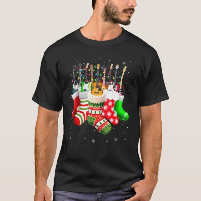 Guitars In Socks Christmas Lights Music Loves Guit T-Shirt (Front)