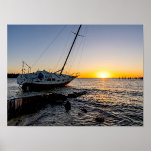 Gulf Breeze Sailboat And Jetty Sunset Poster