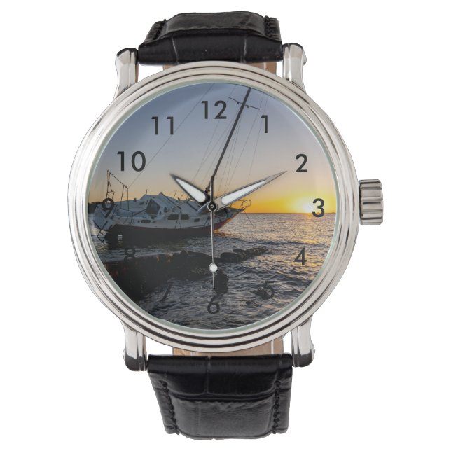 Gulf Breeze Sailboat And Jetty Sunset Wrist Watch (Front)