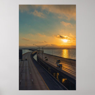 Gulf Coast Sunrise Causeway Bridge Highway Poster