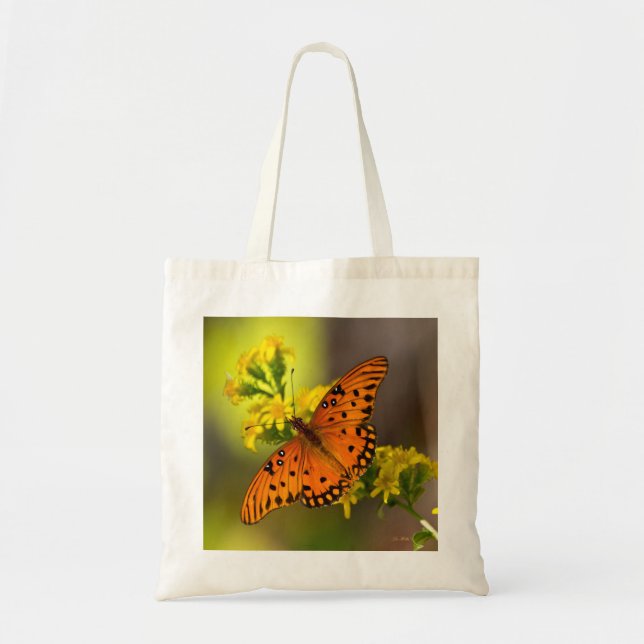 Gulf Fritillary aka Passion Butterfly on Goldenrod Tote Bag (Front)