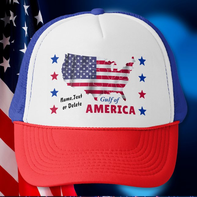 Gulf of America. American Flag Ball Caps, Trucker Hat (Gulf of America, Personalized Trucker Cap. Patriotic Truck Hats. Gulf of America, USA Shaped Flag.)