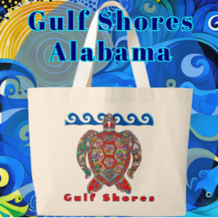 Gulf Shores Alabama Colourful Mosaic Sea Turtle Large Tote Bag
