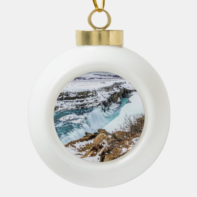 Gulfoss Iceland Waterfall in Winter Ceramic Ball Christmas Ornament (Front)