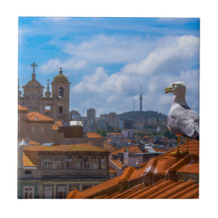 Gull Birds Eye View Rooftops of Portugal Ceramic Tile