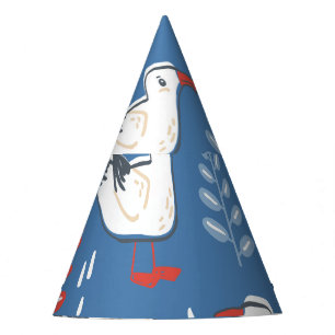 Gull walking: vintage seamless pattern. party hat