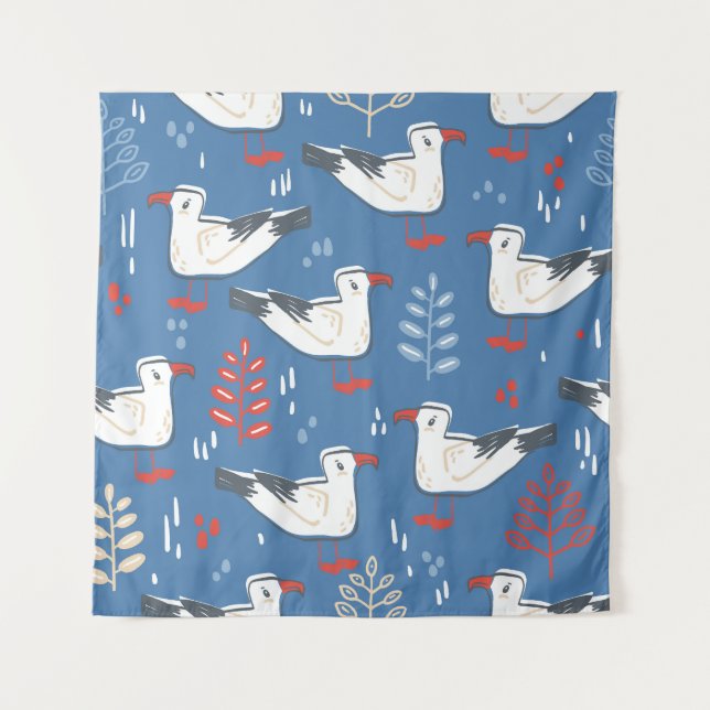Gull walking: vintage seamless pattern. tapestry (Front)