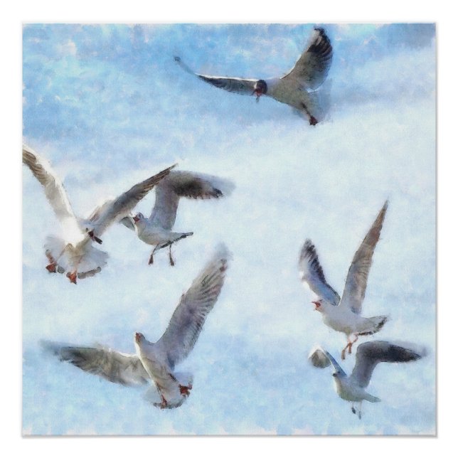 Gulls In Flight Watercolor Poster (Front)