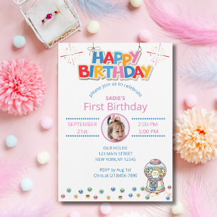 Gumball Machine First Birthday Girl or Boy Photo Invitation