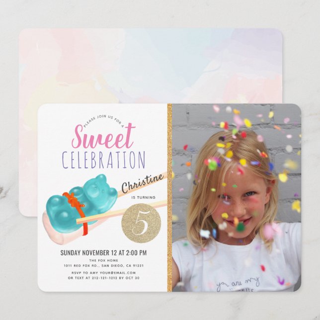 Gummy Bear Candy Sushi Party Girl Photo Birthday Invitation (Front/Back)
