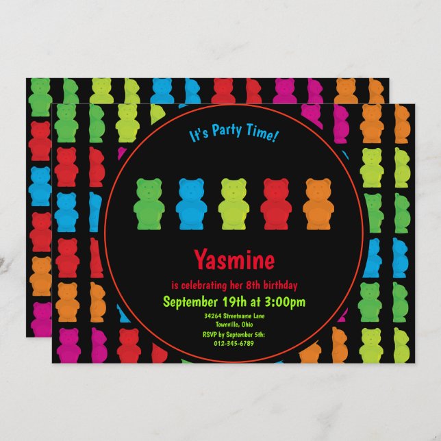 Gummy Bear Pattern Kid’s Birthday Black Invitation (Front/Back)