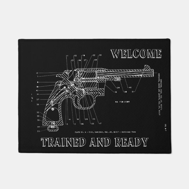 Gun Handgun Trained and Ready Welcome 45 calibre Doormat (Front)