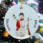 Gun Lover Shooting Shooter Snowman Ceramic Ornament<br><div class="desc">This design may be personalised in the area provided by changing the photo and/or text. Or it can be customised by clicking Personalise this Template and then choosing the click to customise further option and delete or change the colour of the background, add text, change the text colour or style,...</div>