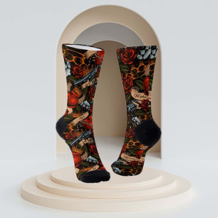 Gun Skull and Roses Graffiti pattern    Socks