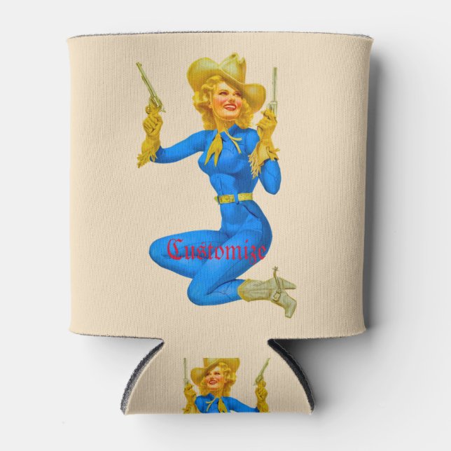 Gun-toting Pin-up Cowgirl Thunder_Cove Can Cooler (Front)