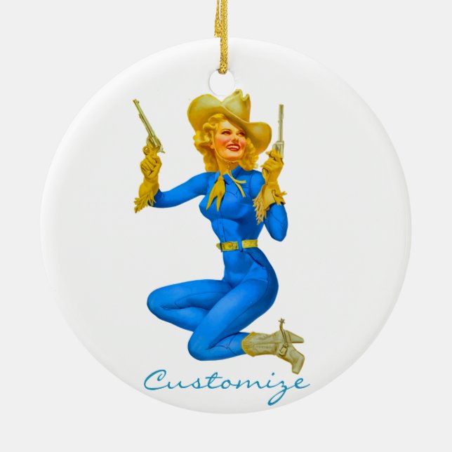 Gun-toting Pin-up Cowgirl Thunder_Cove Ceramic Ornament (Back)