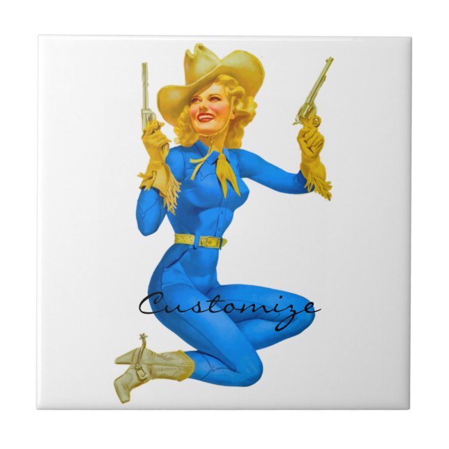 Gun-toting Pin-up Cowgirl Thunder_Cove Ceramic Tile (Front)