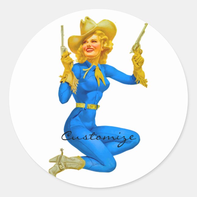 Gun-toting Pin-up Cowgirl Thunder_Cove Classic Round Sticker (Front)