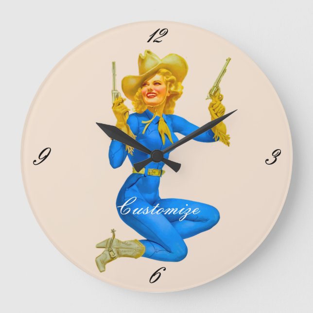 Gun-toting Pin-up Cowgirl Thunder_Cove Large Clock (Front)