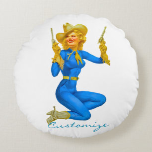 Gun-toting Pin-up Cowgirl Thunder_Cove Round Cushion