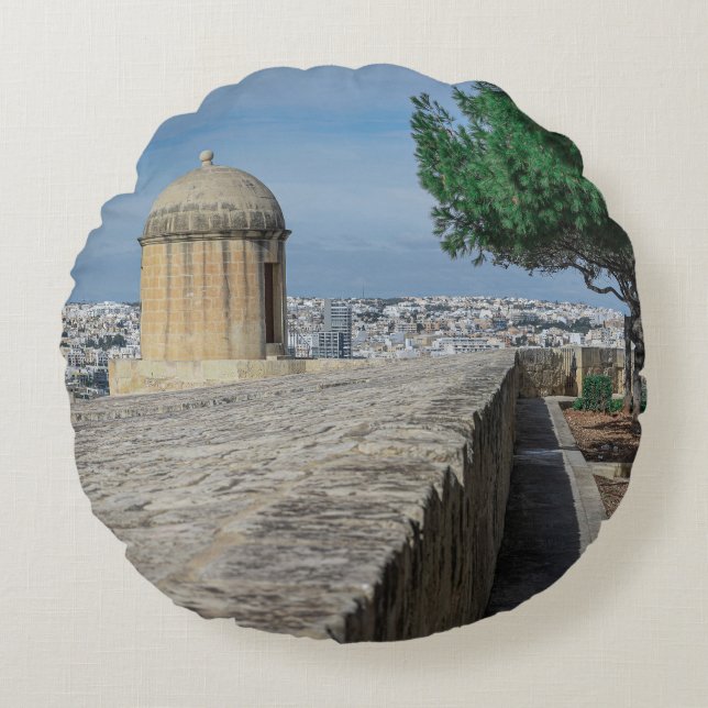 Gun turret on old city walls in Valletta, Malta Round Cushion (Front)