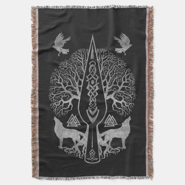 Gungnir - Spear of Odin and Tree of life Throw Blanket (Front Vertical)