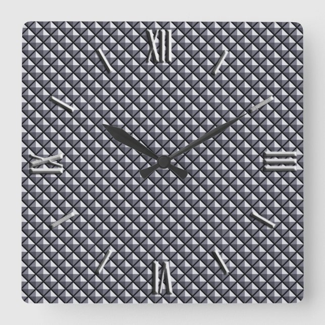 Gunmetal grey, metallic look, studded grid square wall clock (Front)