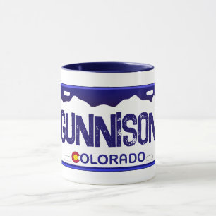 Gunnison Colorado blue license plate mug