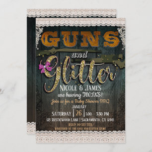 GUNS AND GLITTER Wood Lace Rustic Baby Shower Invitation