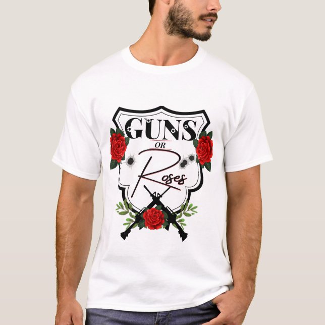 Guns or Roses Gender Reveal Baby Shower T-Shirt (Front)