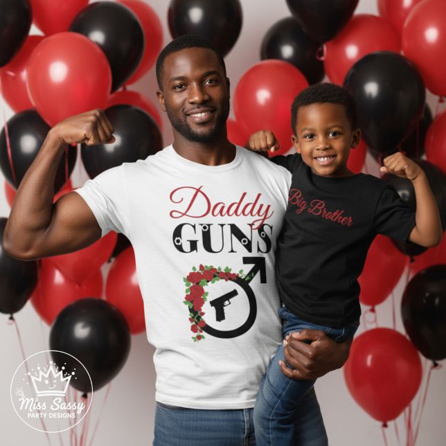Guns or Roses Gender Reveal Baby Shower T-Shirt (Celebrate the proud papa with our "Daddy Guns" T-shirt. It's the ultimate way to Vote Team Boy)