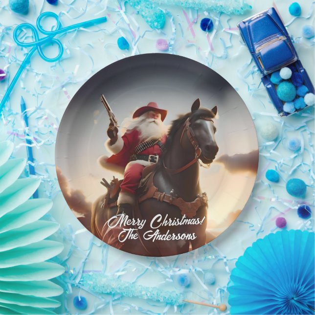 Gunslinger Santa Claus Riding Horse Christmas Paper Plate (Party)
