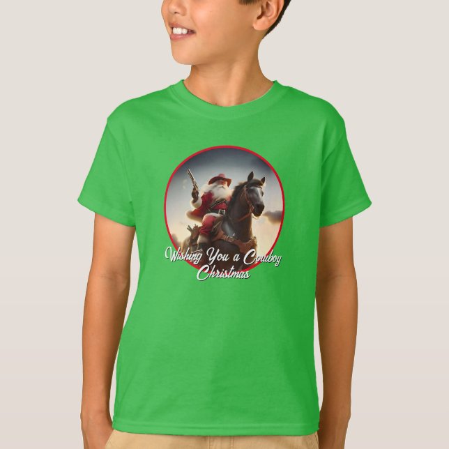 Gunslinger Santa Claus Riding Horse Christmas T-Shirt (Front)
