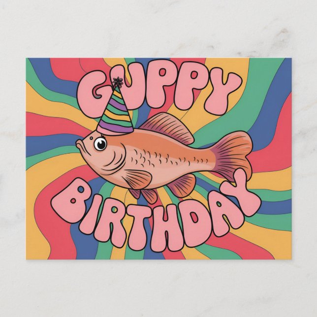Guppy wearing birthday hat psychedelic colours postcard (Front)