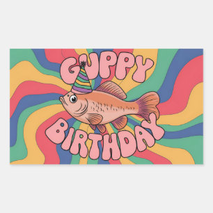 Guppy wearing birthday hat psychedelic colours rectangular sticker
