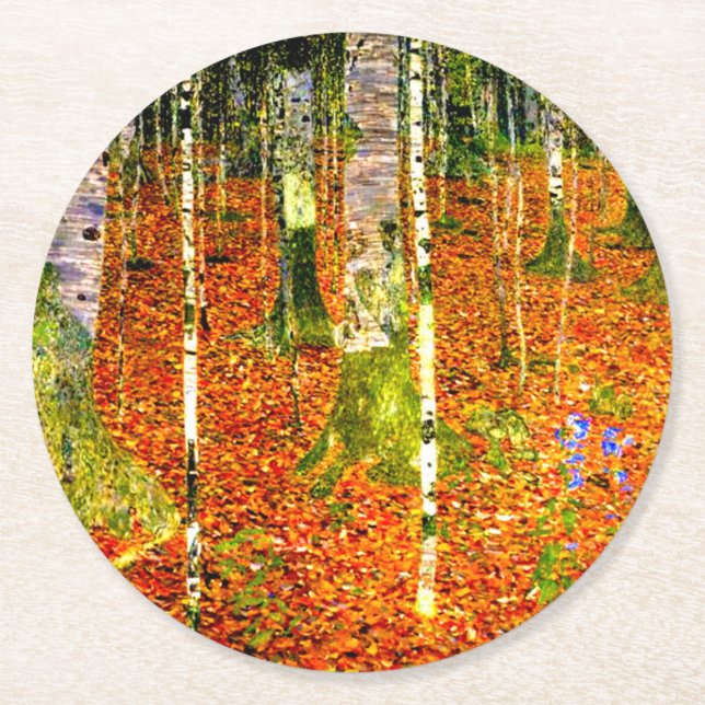 Gustav Klimt Birch Trees Round Paper Coaster (Front)