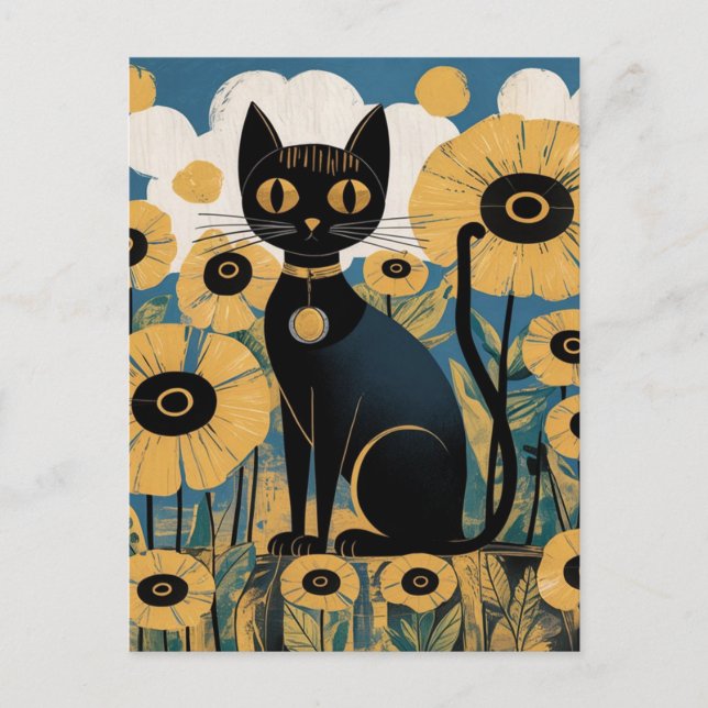Gustav Klimt Black Cat In a Flower Garden, Cat Art Postcard (Front)