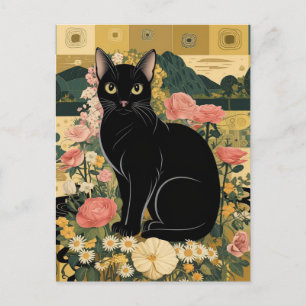 Gustav Klimt Black Cat In a Flower Garden, Cat Art Postcard