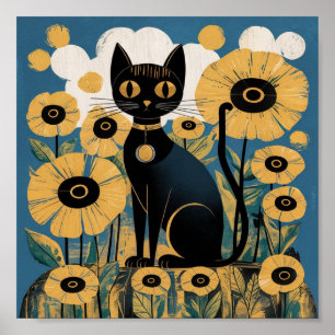 Gustav Klimt Black Cat In a Flower Garden, Cat Art Poster
