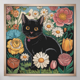 Gustav Klimt Black Cat In a Flower Garden, Cat Art Poster