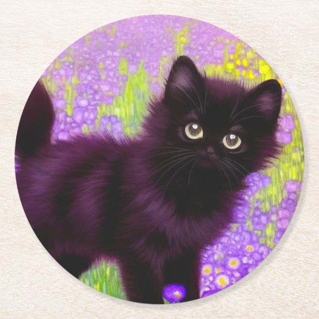 Gustav Klimt Black Kitten Round Paper Coaster (Front)